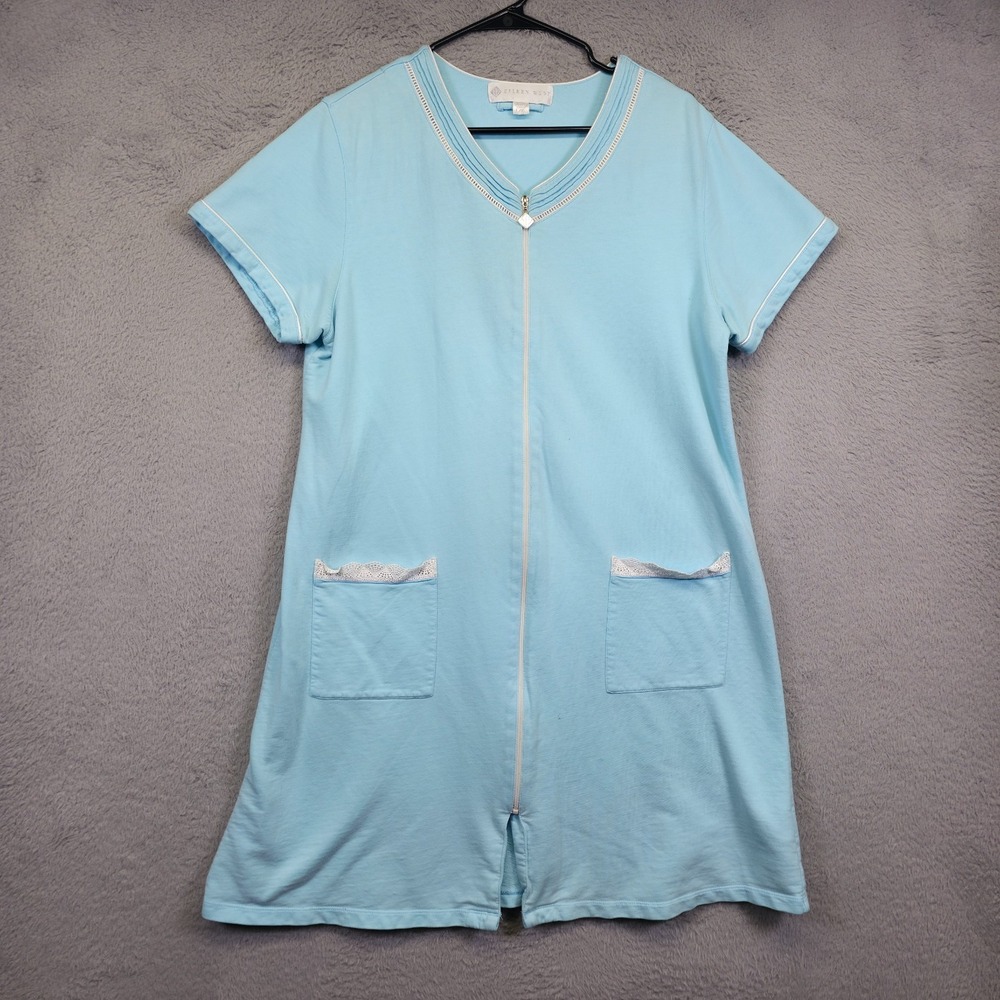 Eileen West‎ Nightgown Womens L/XL Blue Pleated Neck Housecoat Classic Lounge